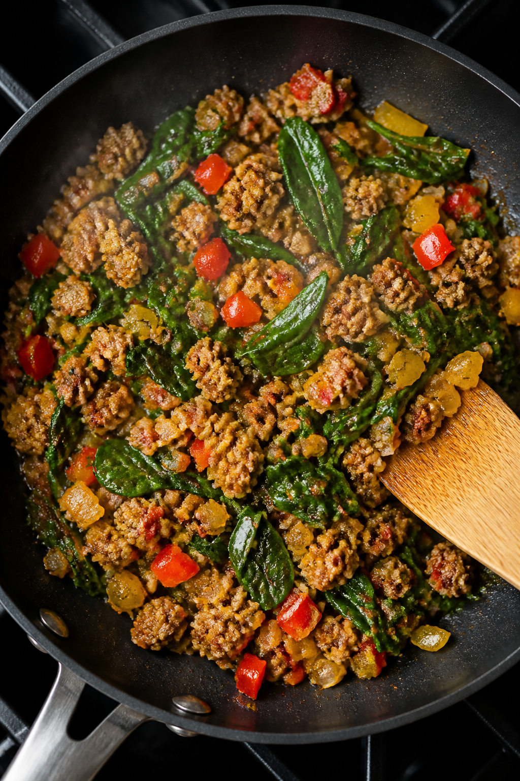 Cooking process: Sautéed filling being finished in a skillet—crumbled browned turkey sausage mixe