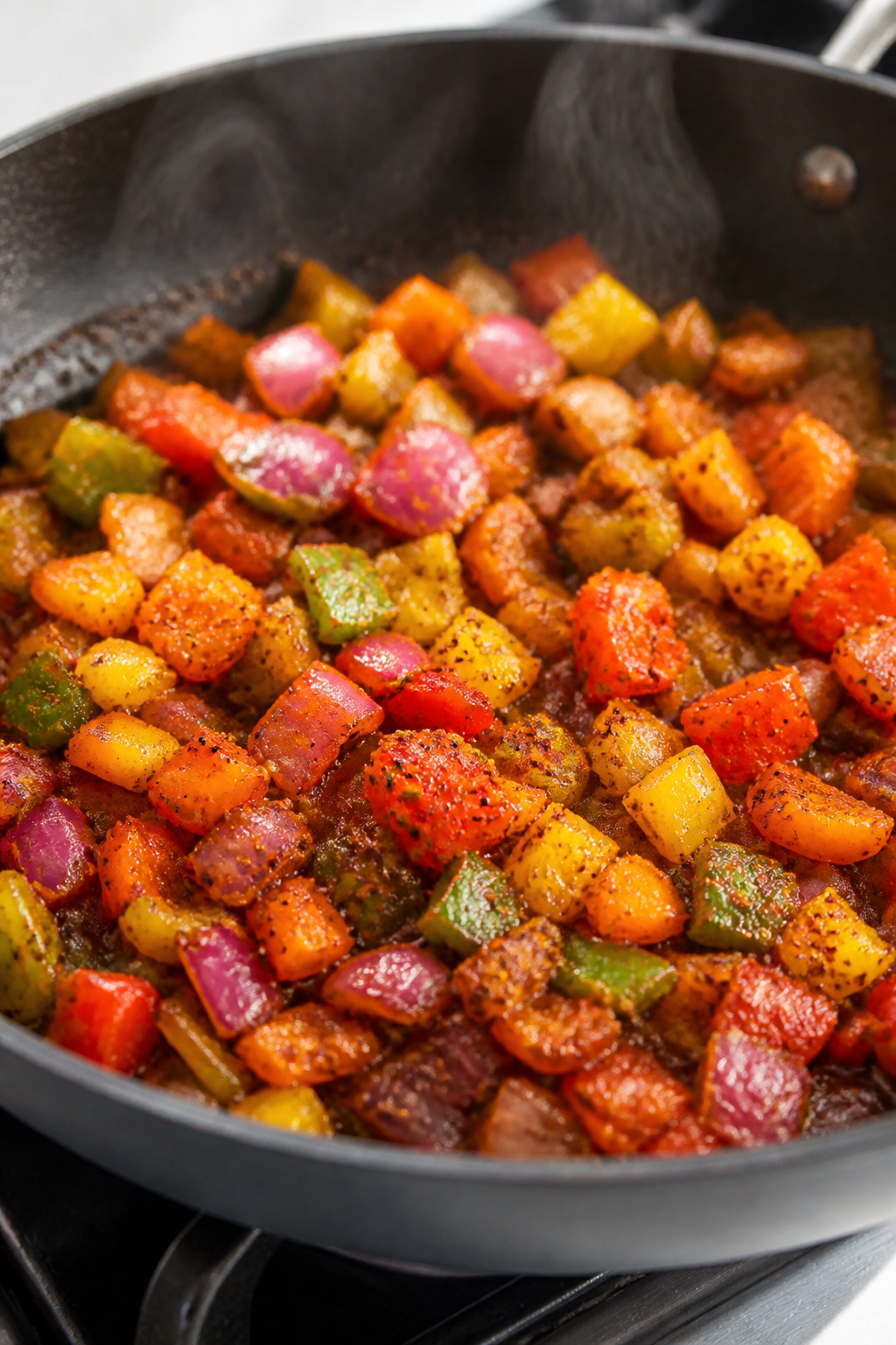 Cooking process — Sautéed veggie base coming together: Close-up of a skillet with softened diced