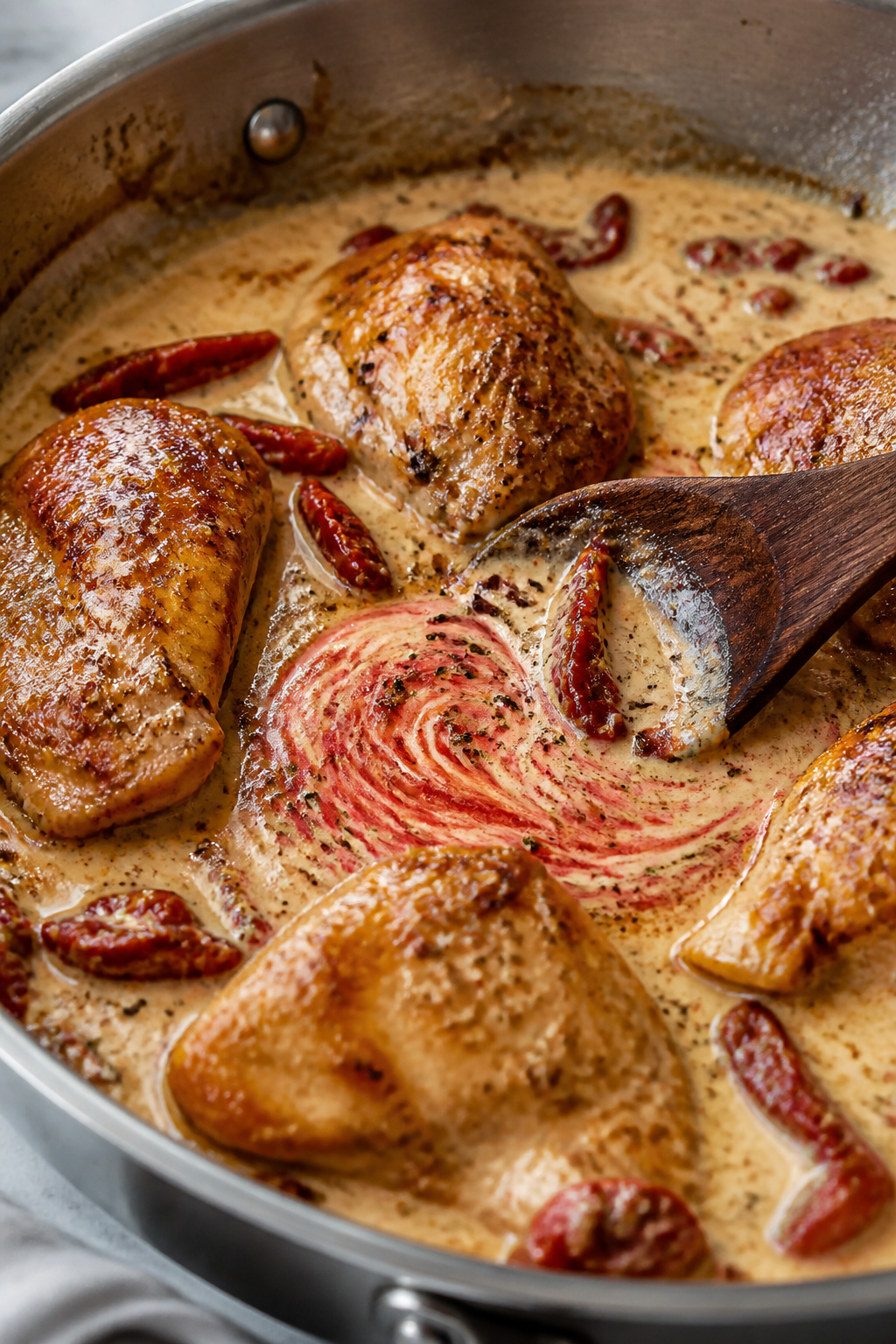 Cooking process — Searing and sauce-building: Close-up of golden-browned chicken pieces in a stain