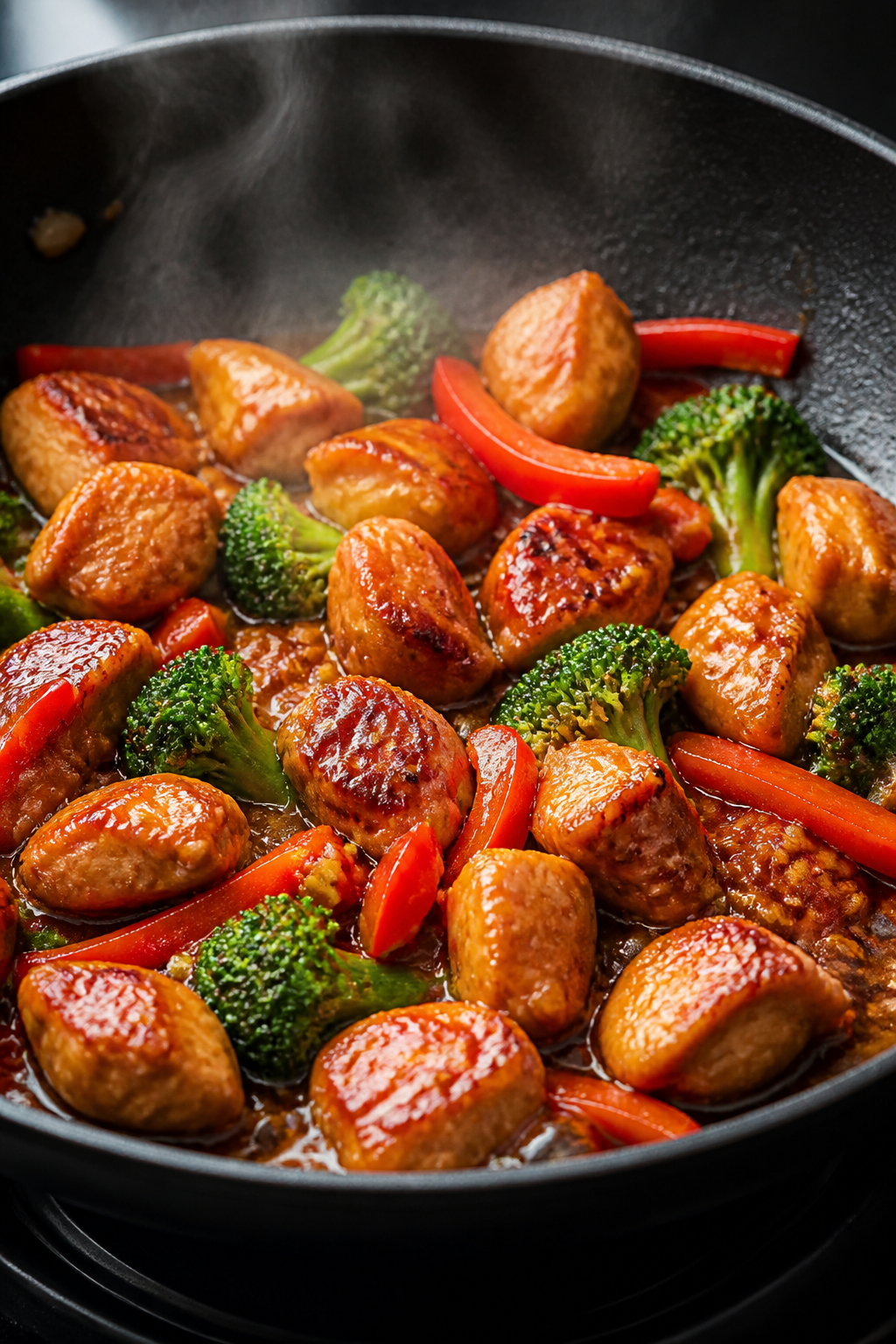 Cooking process â Searing chicken: Close-up of bite-size chicken breast pieces in a large skillet