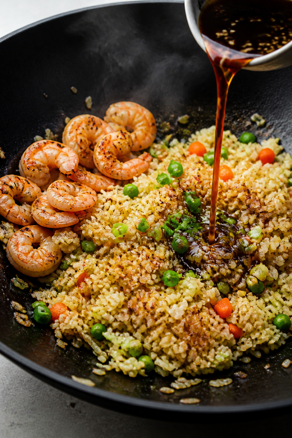 Cooking process — Searing shrimp and toasting rice: Medium-high heat wok scene with just-cooked pi