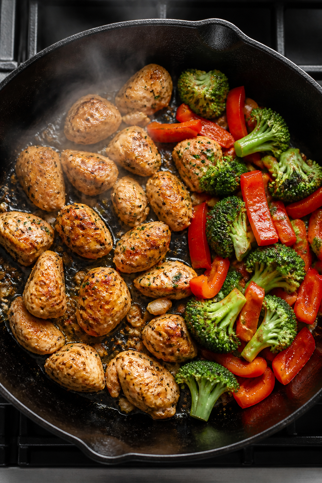 Cooking process: Searing stage captured mid-action—bite-size chicken pieces in a skillet lightly b