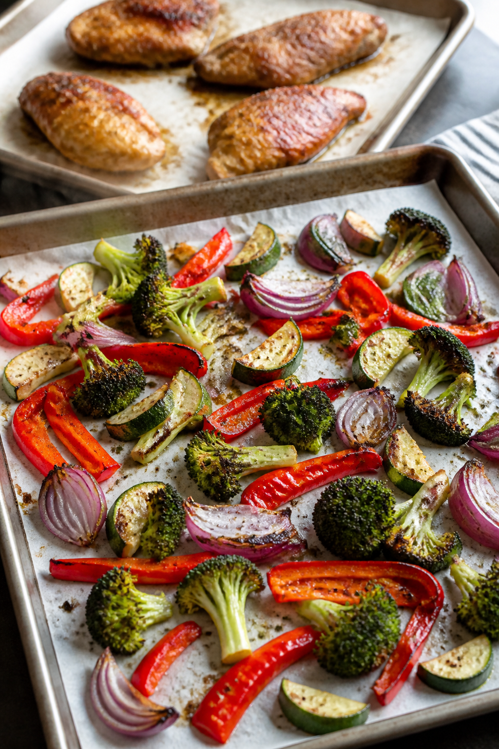 Cooking process: Sheet pan of roasted veggies (broccoli florets, red bell pepper strips, red onion w
