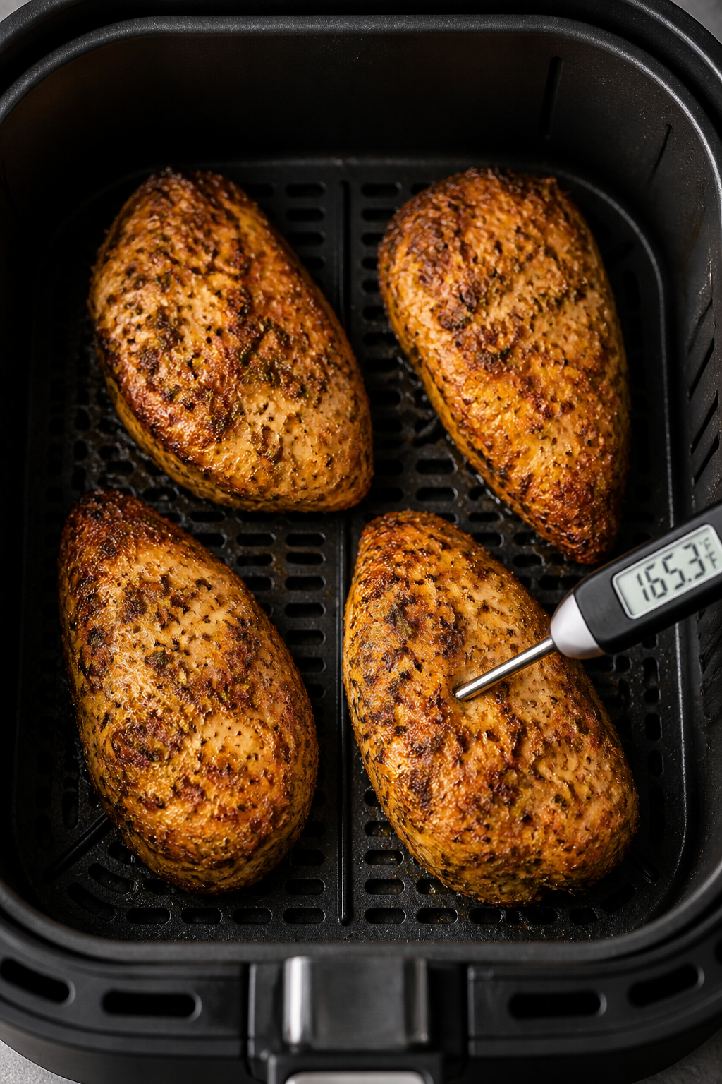 Cooking process shot inside the air fryer: evenly spaced chicken breasts in a single layer on the ba