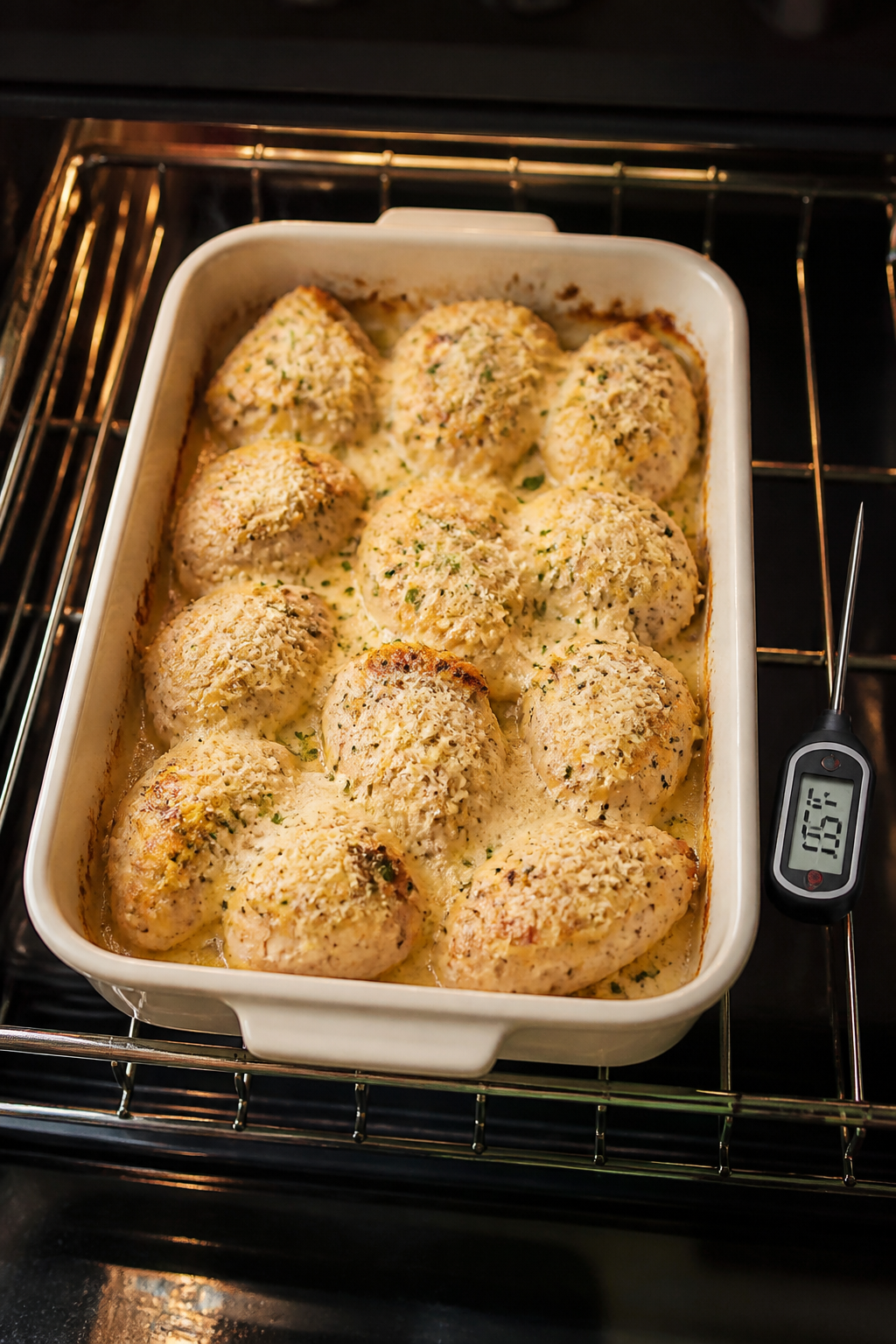 Cooking process shot: Overhead view of a 9x13 baking dish on the center rack mid-bake, chicken arran