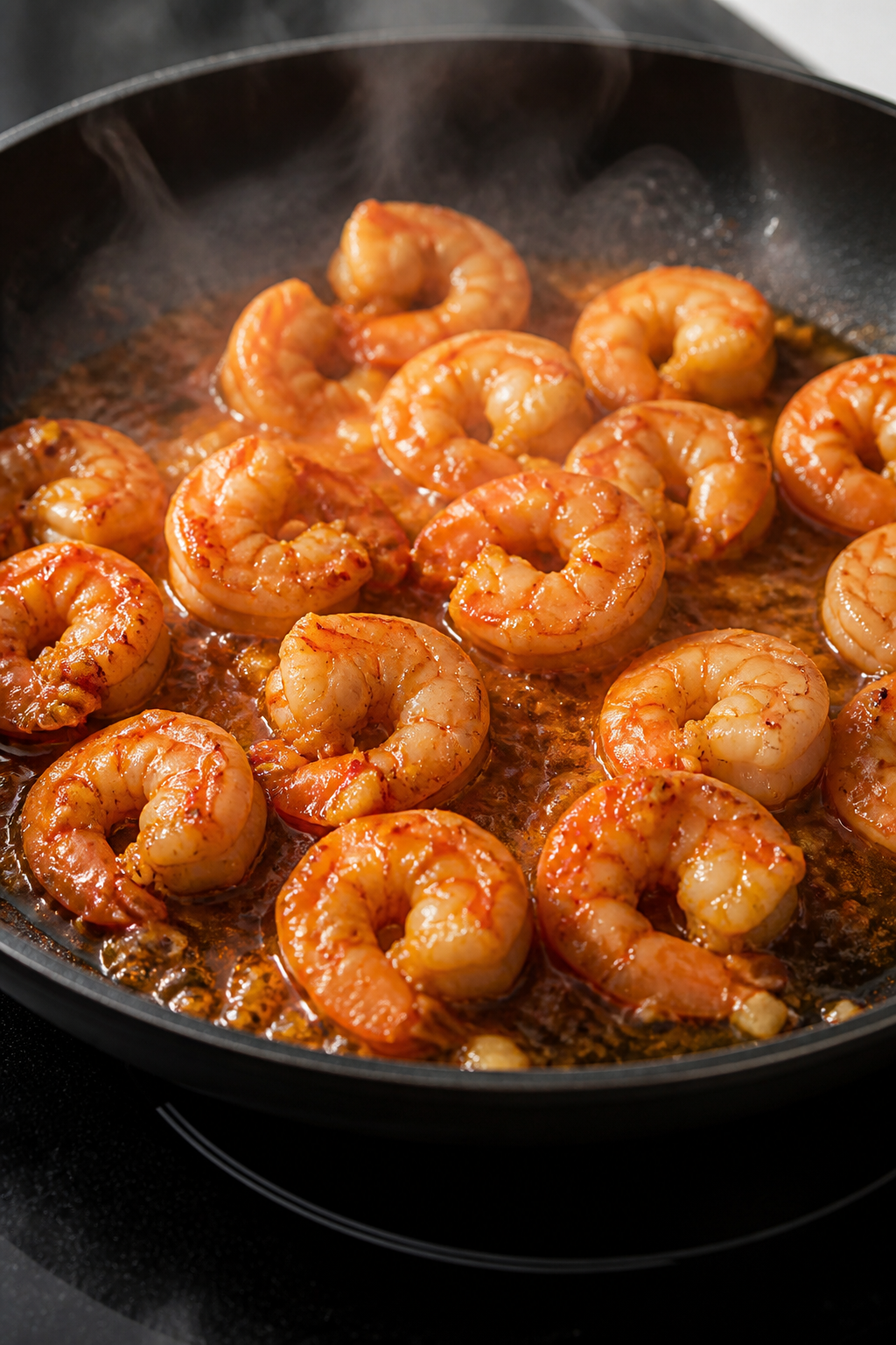 Cooking process shot: Searing sweet chili shrimp in a hot skillet, shrimp curled and opaque with lig