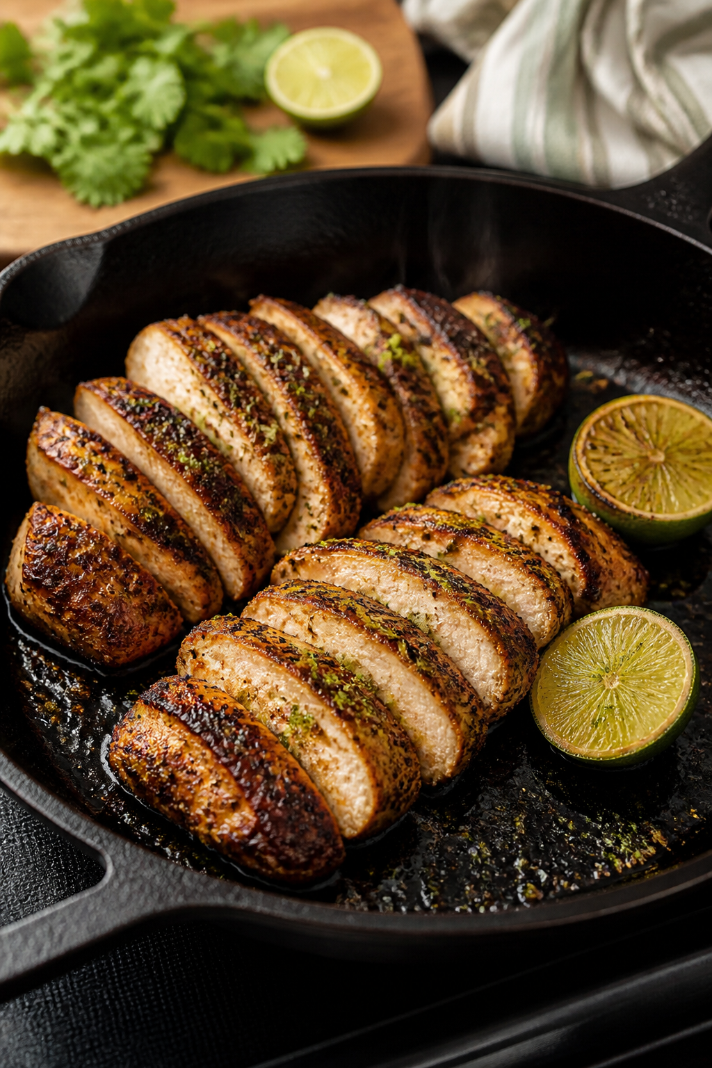 Cooking process shot: Sliced chili-lime marinated chicken searing in a hot cast-iron skillet, golden