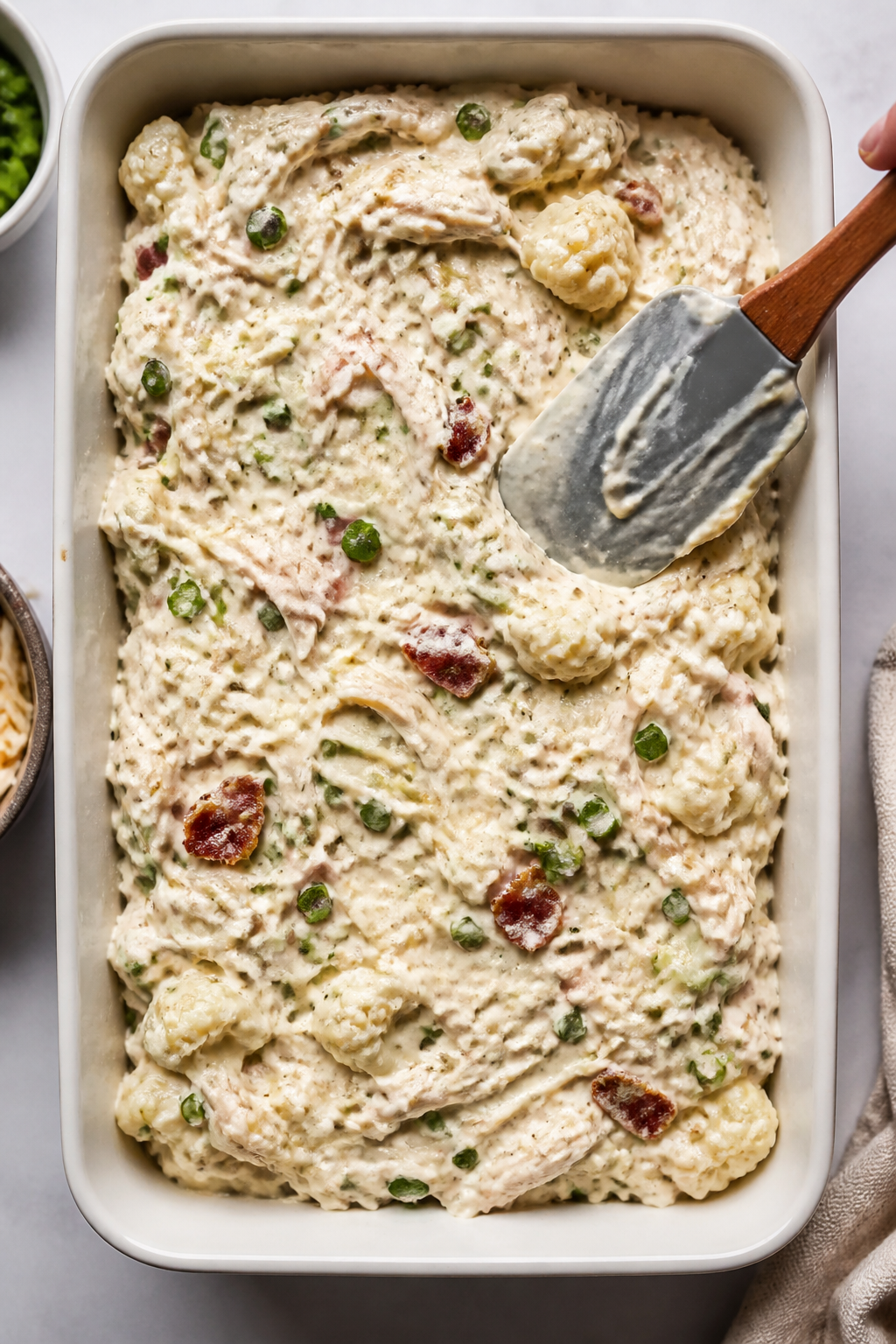 Cooking process shot: The creamy chicken mixture being spread evenly into a greased 9x13 baking dish
