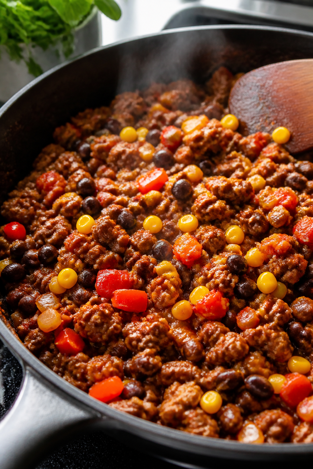 Cooking process, sizzling skillet: Close-up of seasoned ground beef simmering with black beans, fire