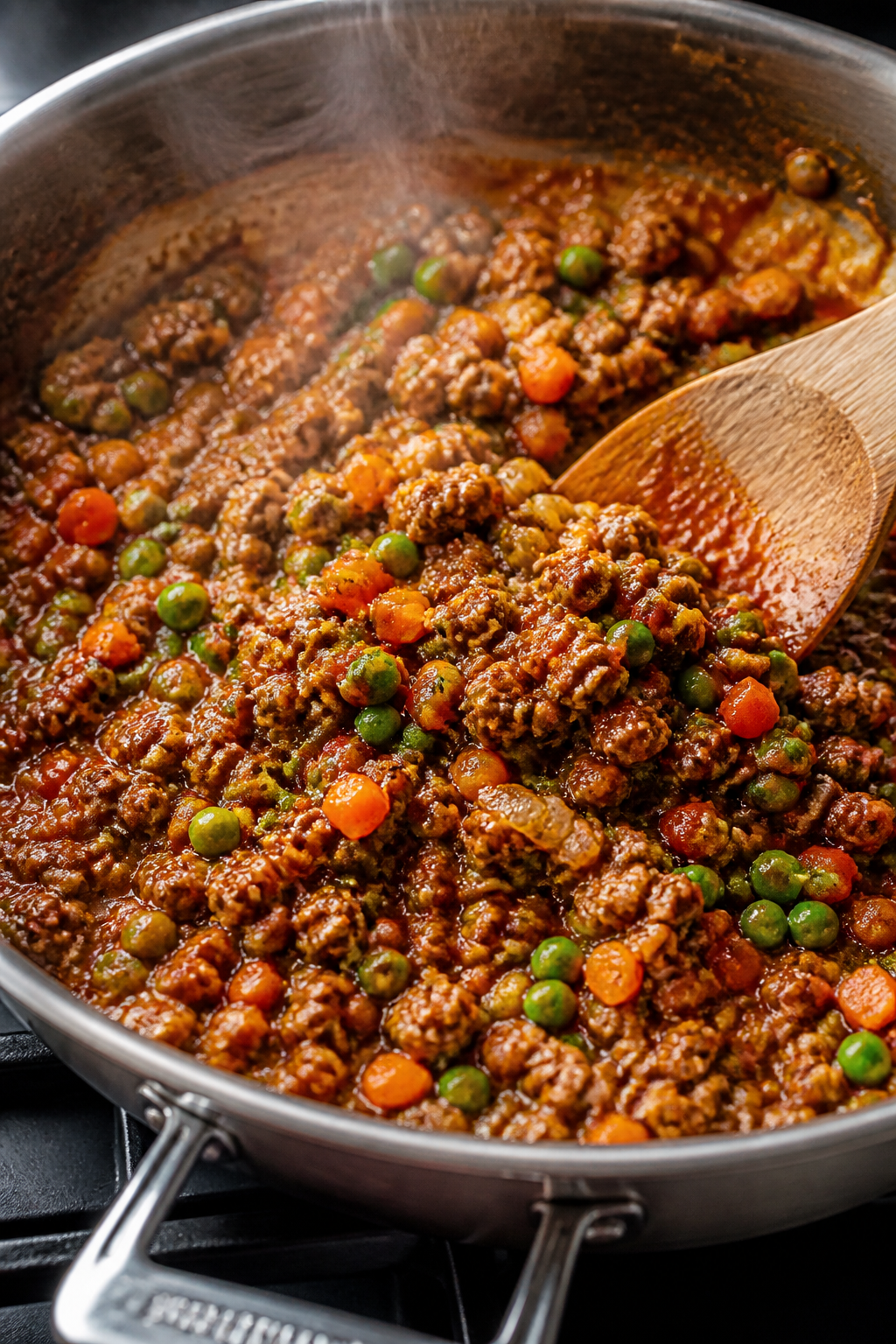 Cooking process ā skillet filling: Lean ground beef browned with sautĆ©ed onions and carrots in a
