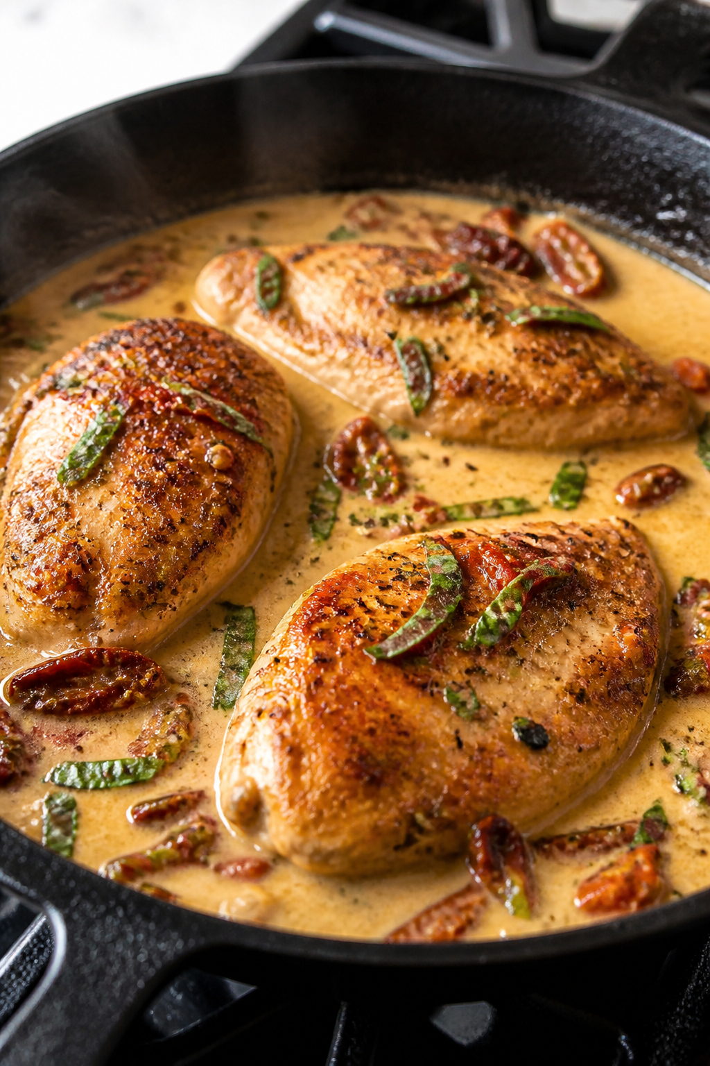 Cooking process, skillet scene: Golden-seared chicken breasts nestled back into a silky light cream 