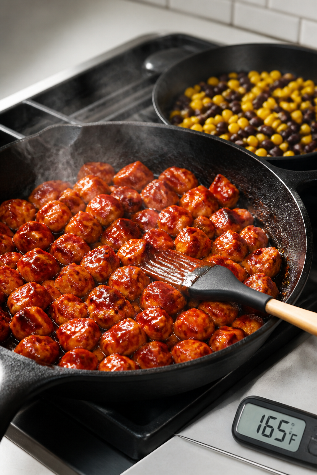 Cooking process: Skillet scene of diced BBQ chicken being brushed with sauce in the last 2 minutes o
