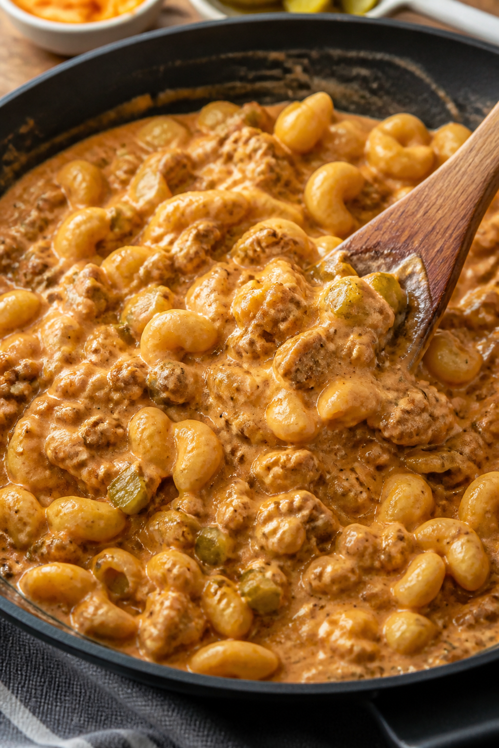 Cooking process: Skillet scene of the creamy cheeseburger sauce being finished—lean ground beef an