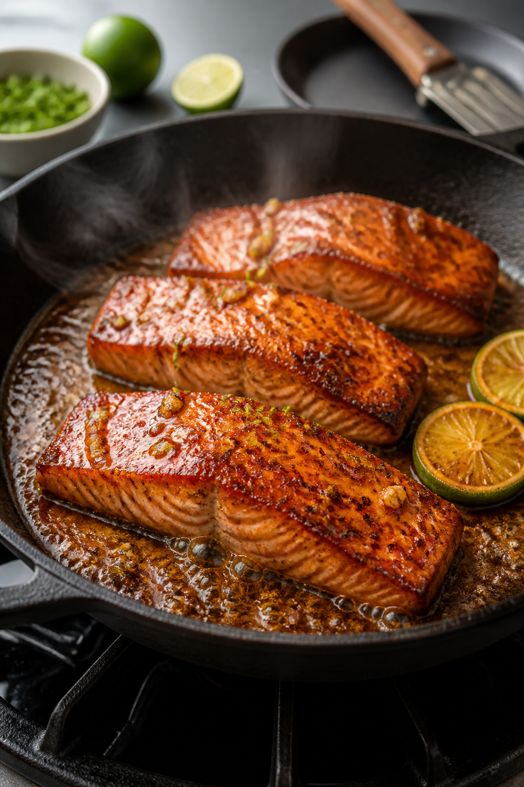 Cooking process, skillet sizzle: Salmon fillets searing in a hot skillet, mid-cook flip with caramel