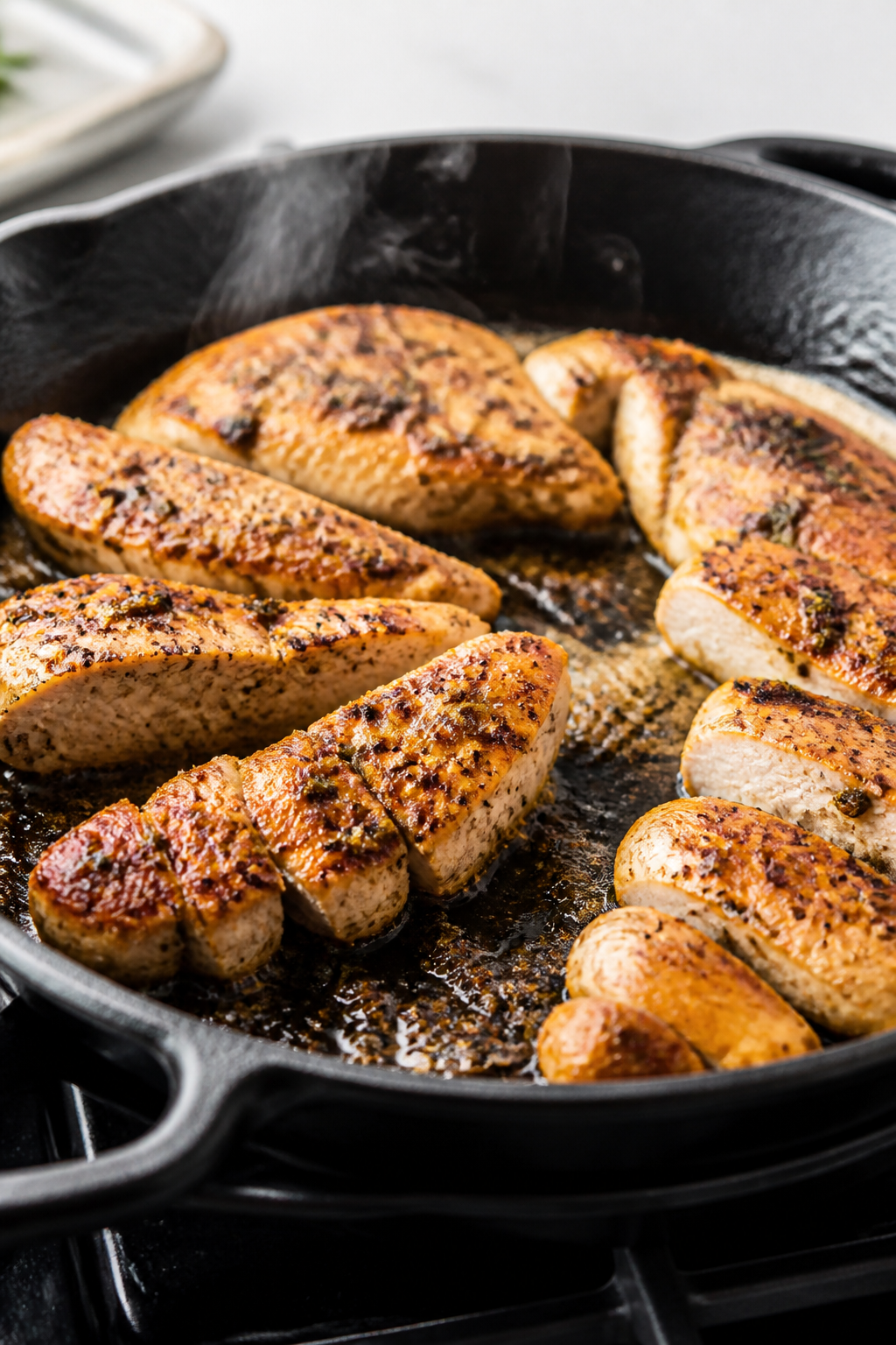 Cooking process: Sliced lemon-herb marinated chicken sizzling in a cast-iron skillet, golden-brown s