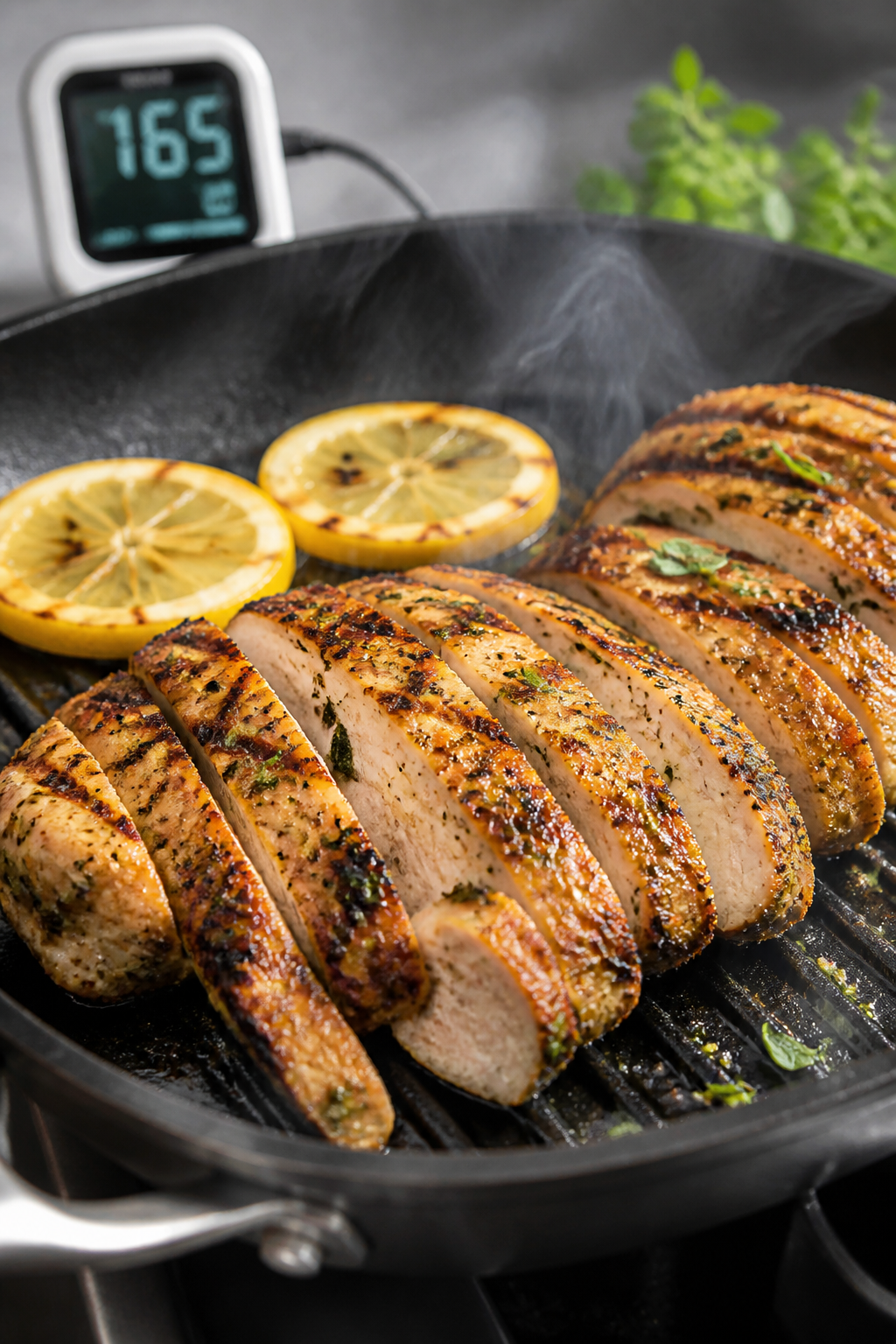 Cooking process: Sliced lemon-herb marinated chicken sizzling on a hot grill pan, golden sear marks 