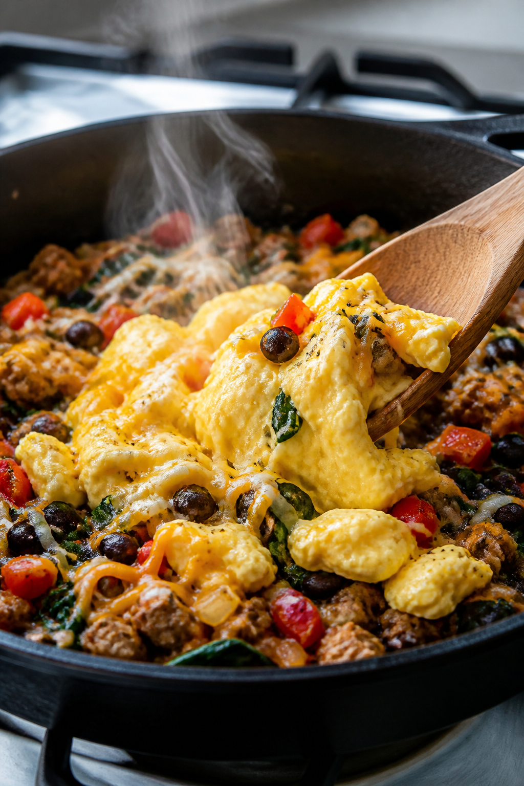 Cooking process — Soft scramble meets savory mix: Close-up of glossy, softly set scrambled eggs be