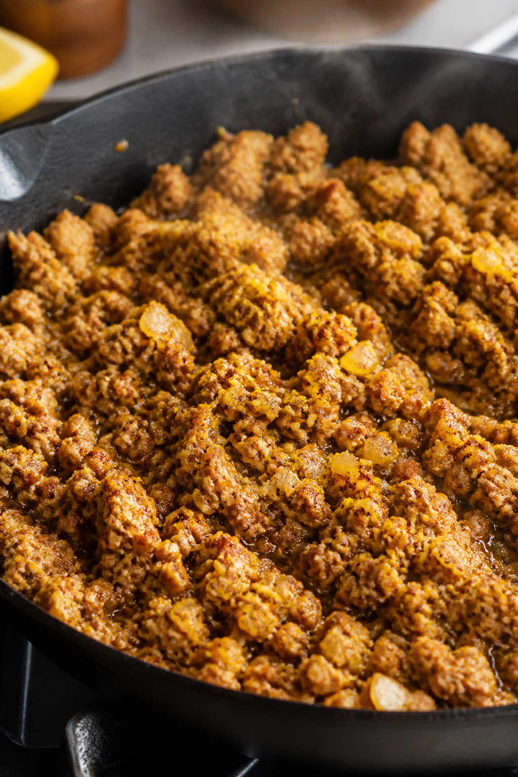 Cooking process — Spiced ground turkey in skillet: Close-up of browned ground turkey sizzling in o