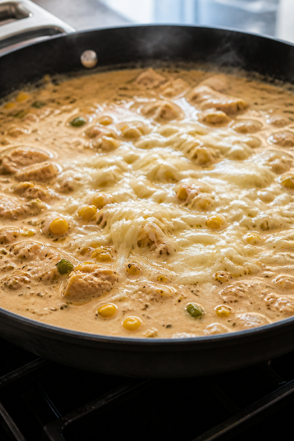 Cooking process, stovetop scene: A large skillet over medium heat with the creamy white chicken chil