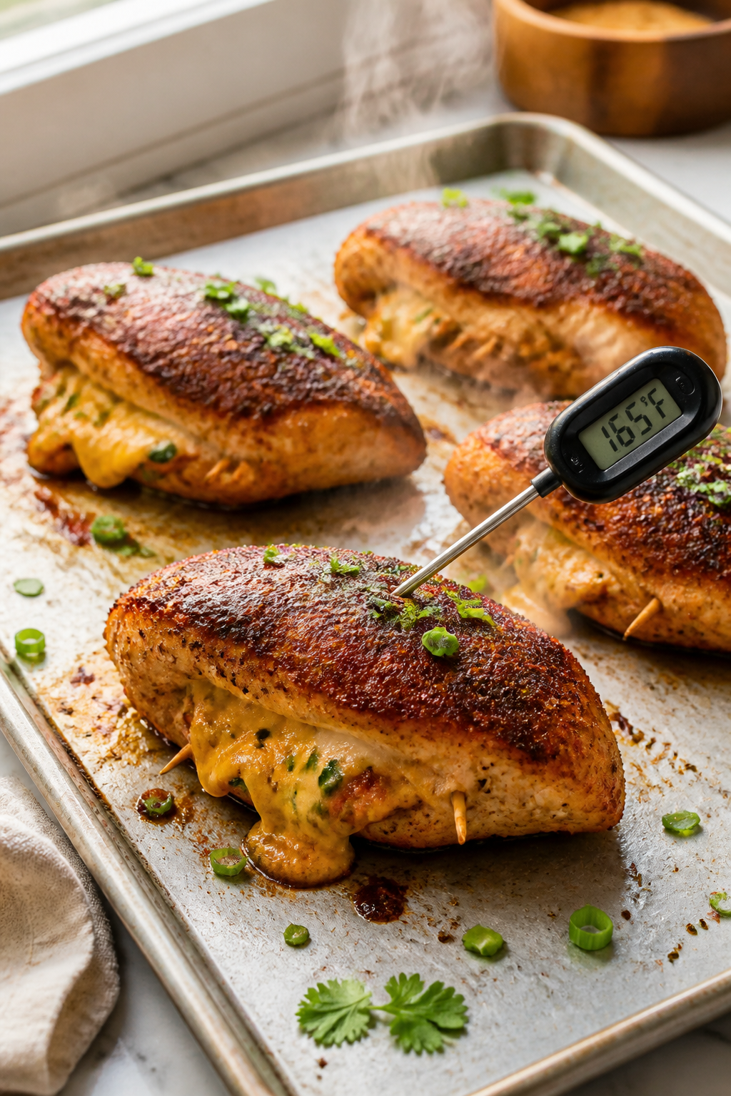 Cooking process: Stuffed chicken breasts just out of the oven on a parchment-lined sheet pan, secure