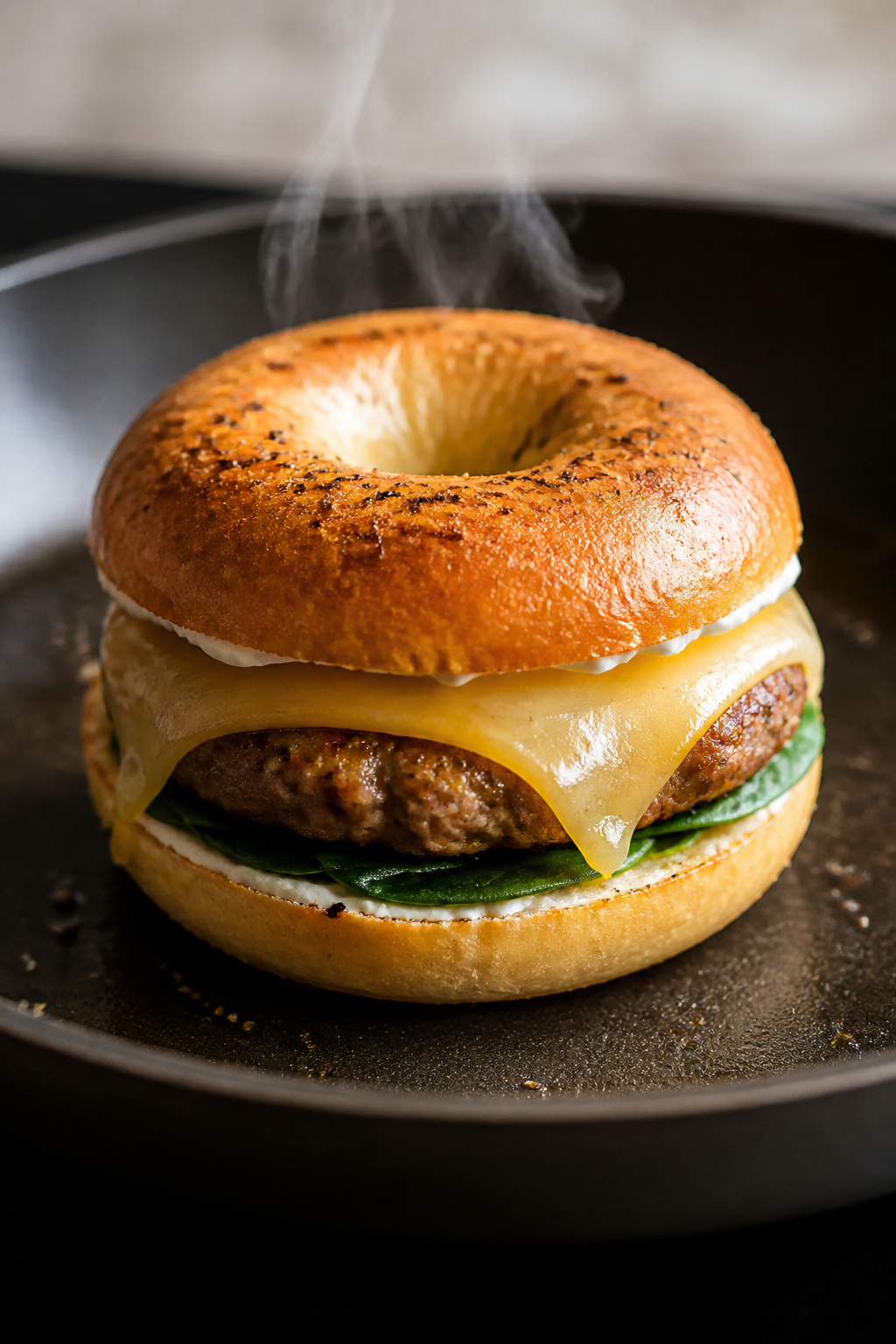 Cooking process: The assembled bagel breakfast sandwich warming in a nonstick skillet, lid just lift