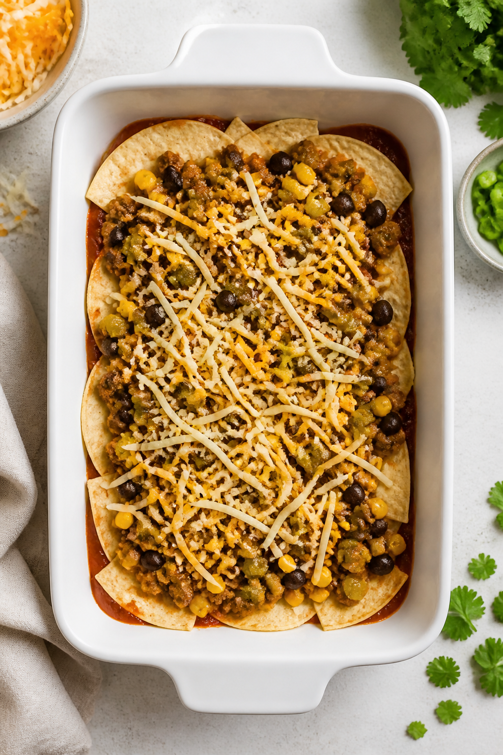 Cooking process: The casserole mid-assembly in a 9x13 baking dish, overhead shot showing torn corn t