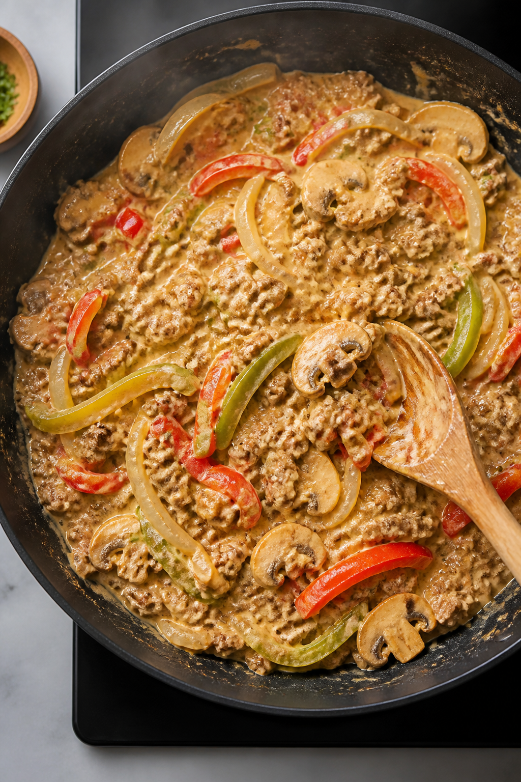 Cooking process: The combined beef, peppers, onions, and mushrooms being folded with the cream chees