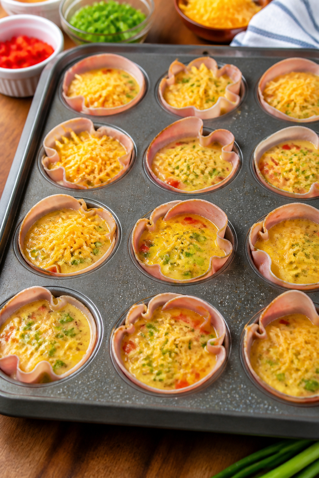 Cooking process: The âfill the cupsâ step captured mid-actionâtwelve ham-lined muffin wells al