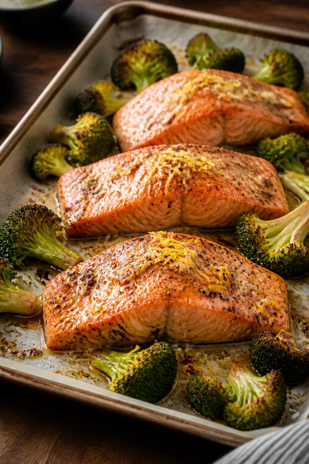 Cooking process, three-quarter angle: Salmon fillets on a parchment-lined sheet pan surrounded by pa