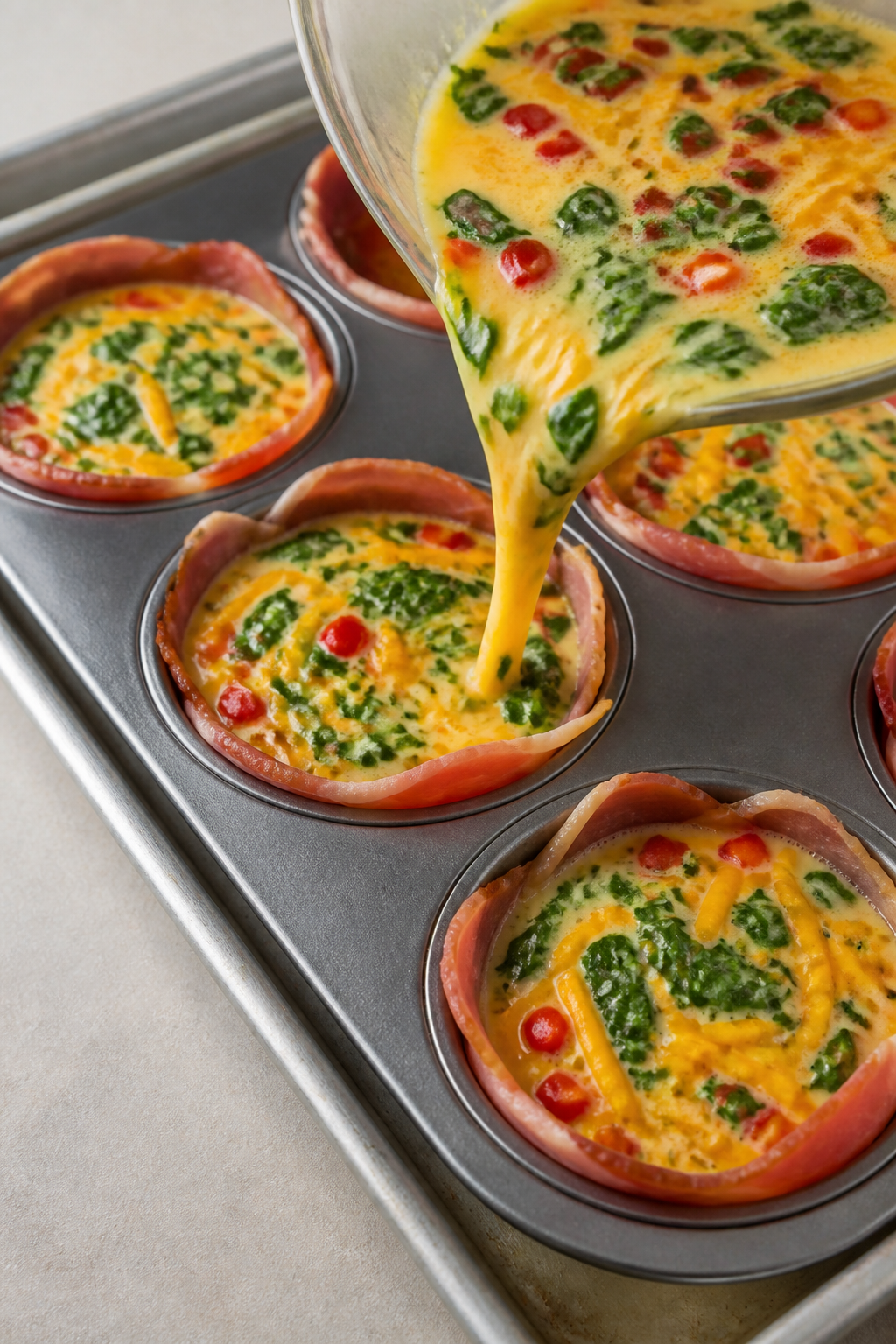 Cooking process: Turkey bacon–lined muffin cups being filled 3/4 full with the whisked egg mixture