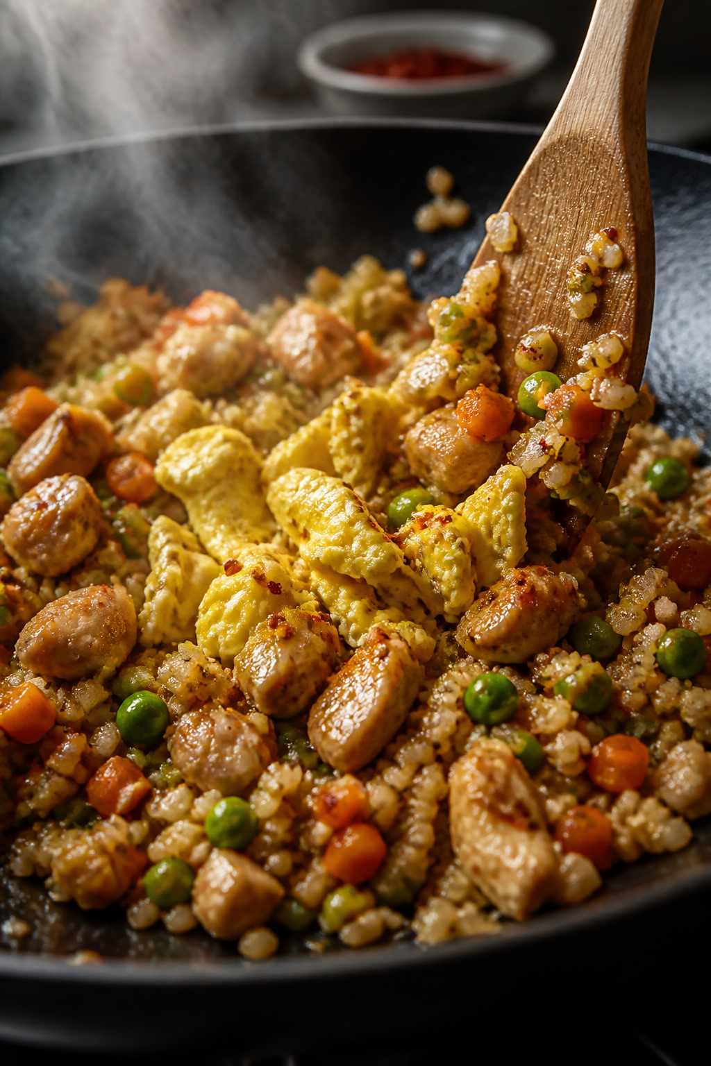Cooking process, wok action: Diced chicken and just-set scrambled eggs being folded back into a sizz