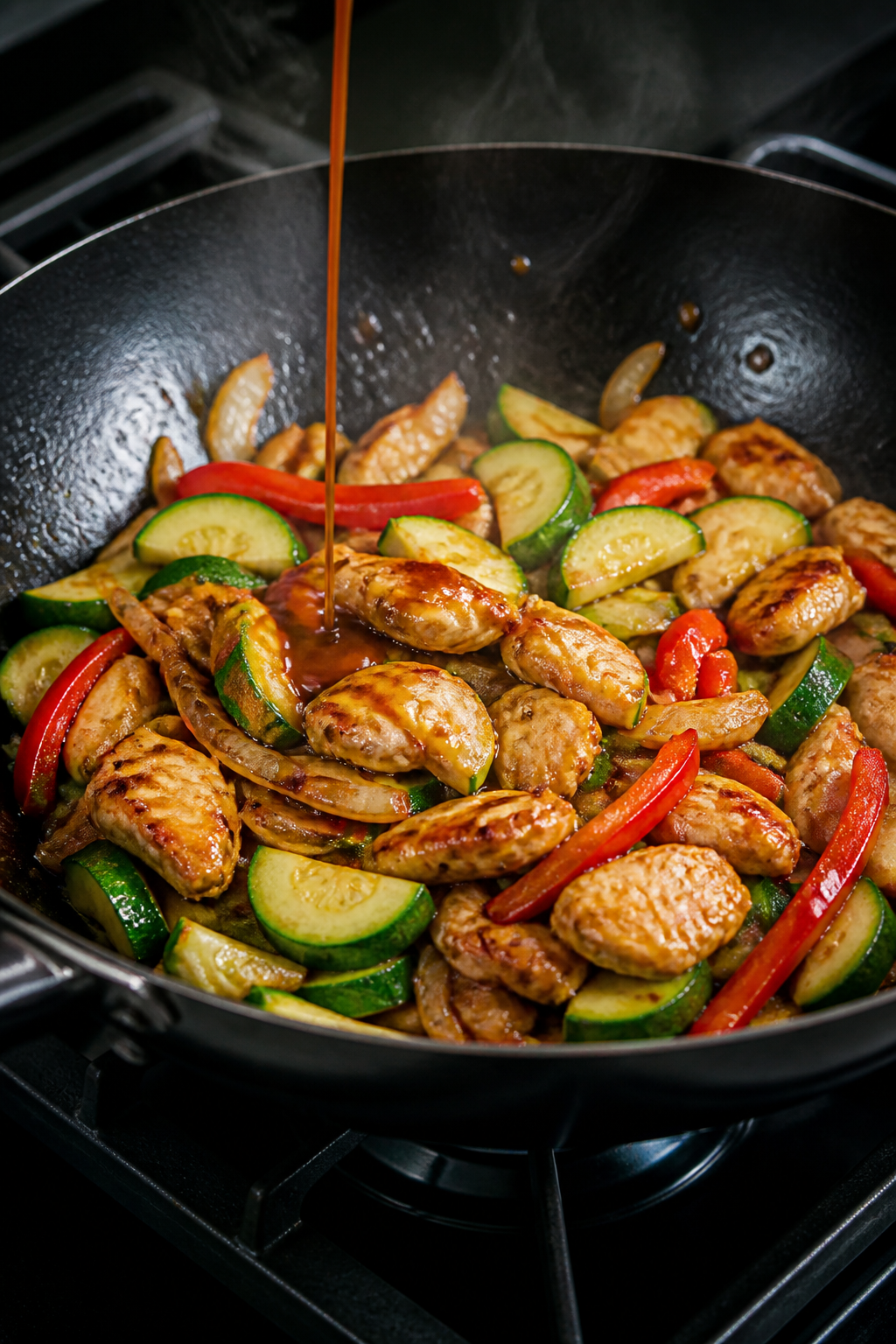 Cooking process, wok sear: Chicken zucchini stir fry sizzling in a large black wok over medium-high