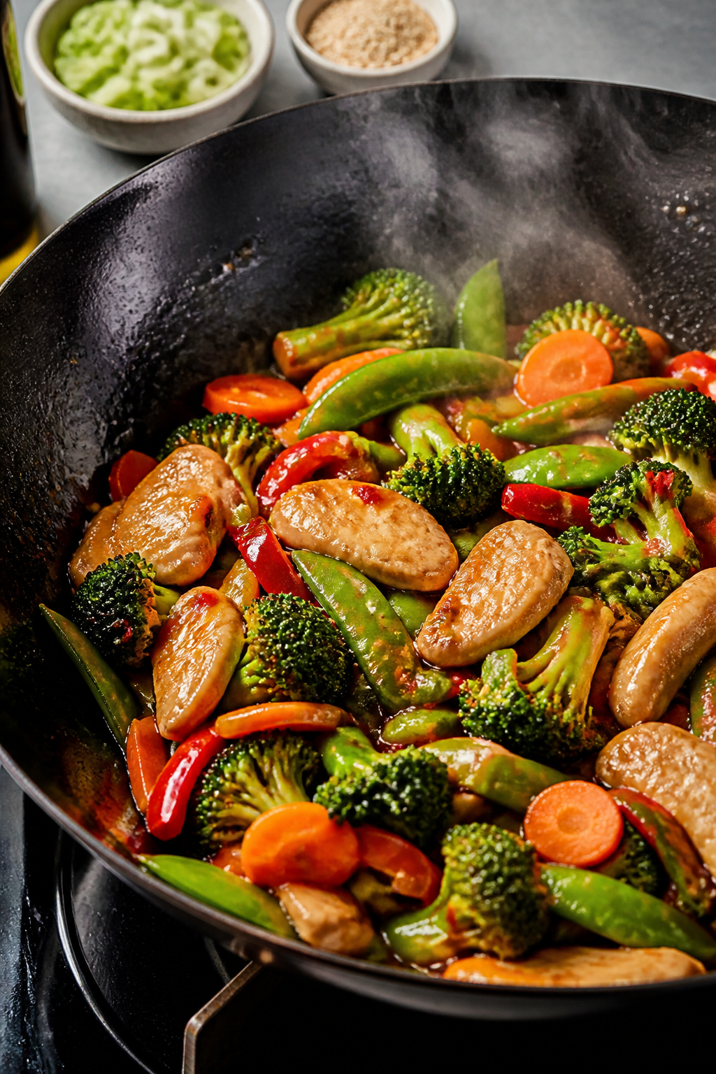Cooking process, wok sear: Sizzling low-calorie chicken stir fry mid-cook in a hot carbon steel wok,