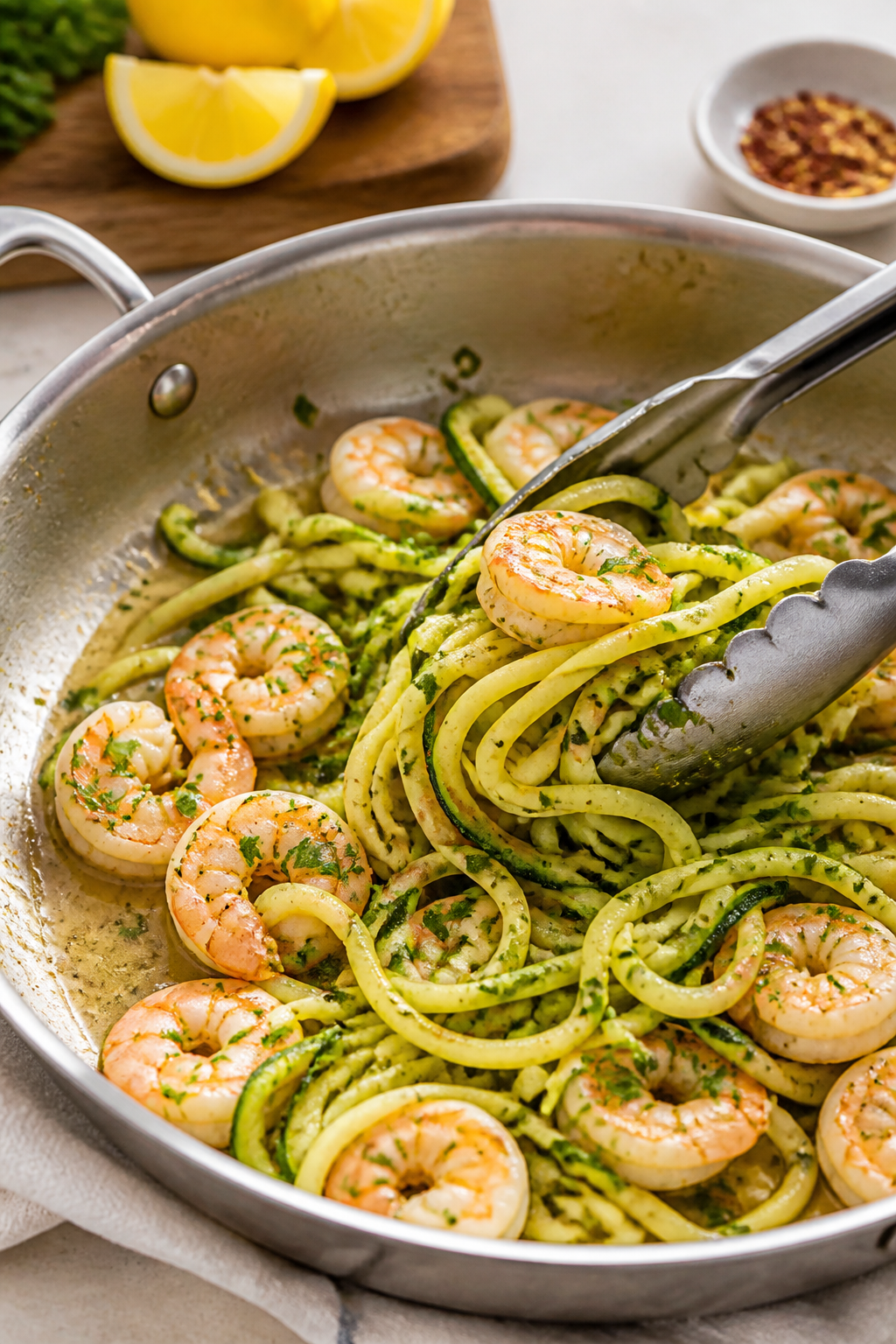 Cooking process: Zucchini noodles being tossed in the lemon-garlic-butter sauce in a large skillet, 