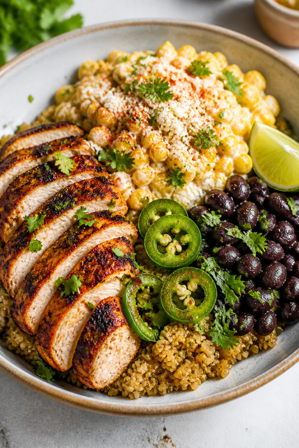 Final dish, beauty plate: Fully assembled Street Corn Chicken Bowl plated for serving—quinoa base,