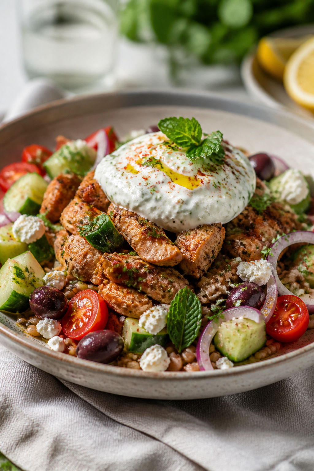 Final dish beauty — Restaurant-style plated Greek Turkey Bowl: three-quarter angle close-up focusi