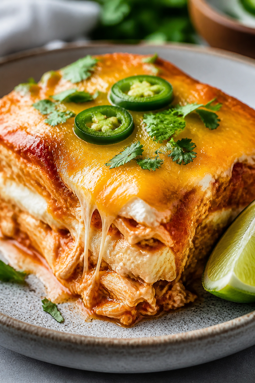 Final dish, close-up detail: A tight, three-quarter angle on a single square slice of the baked ench