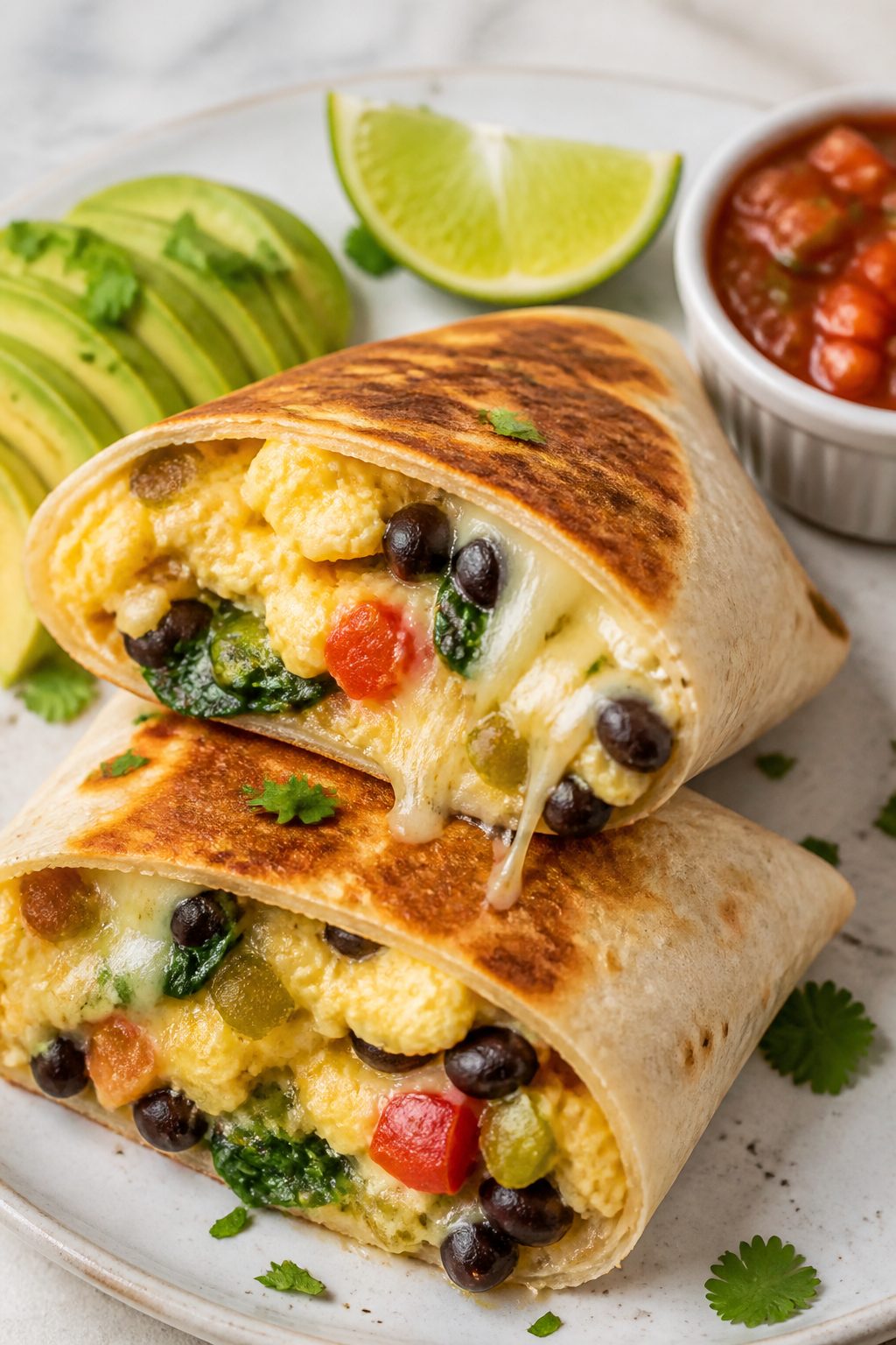 Final dish — Crispy, sealed burrito with fresh sides: Restaurant-quality plated breakfast burrito,