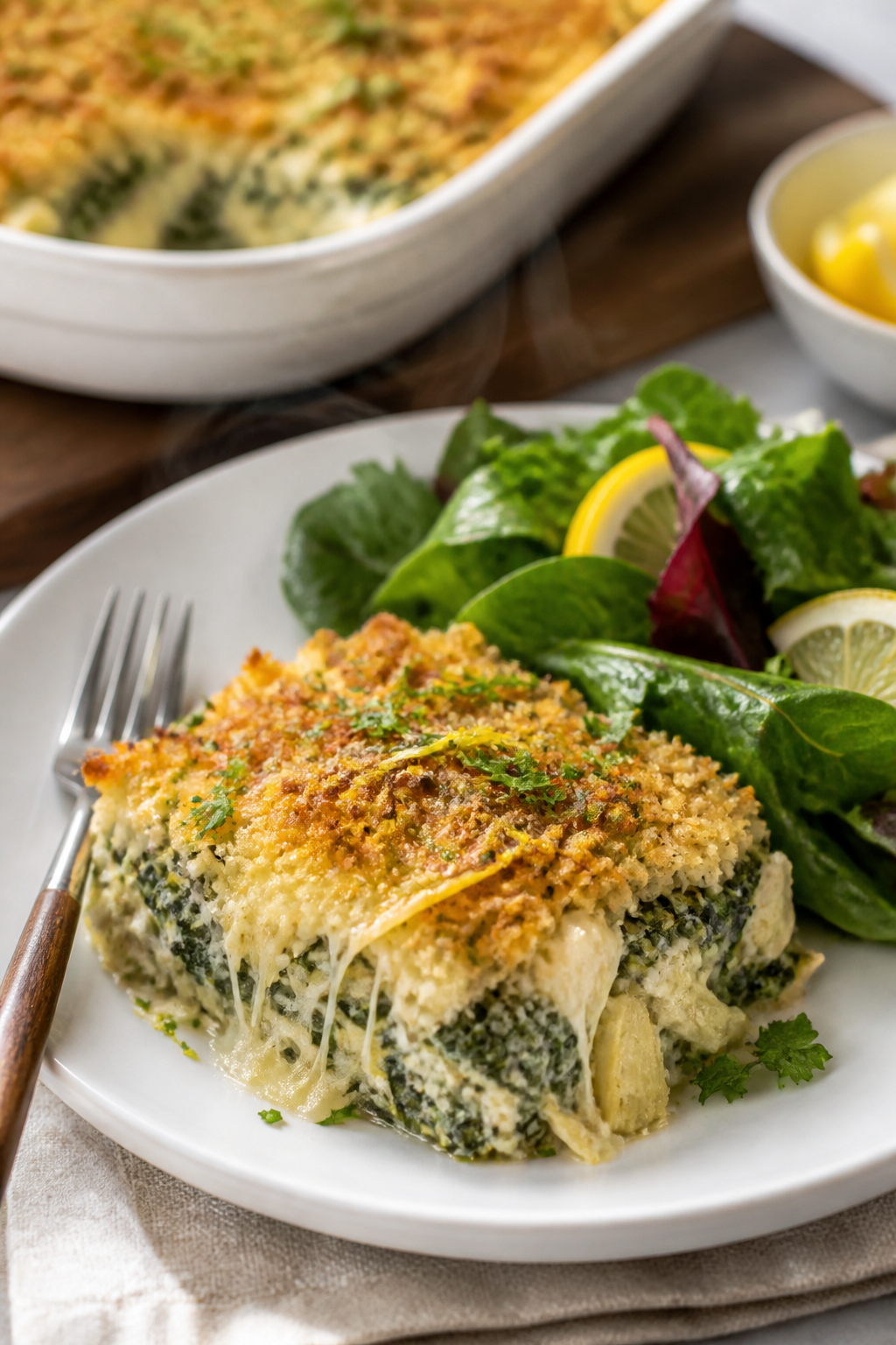 Final dish — Golden, bubbly finish: Beautifully plated Spinach Artichoke Chicken Casserole square