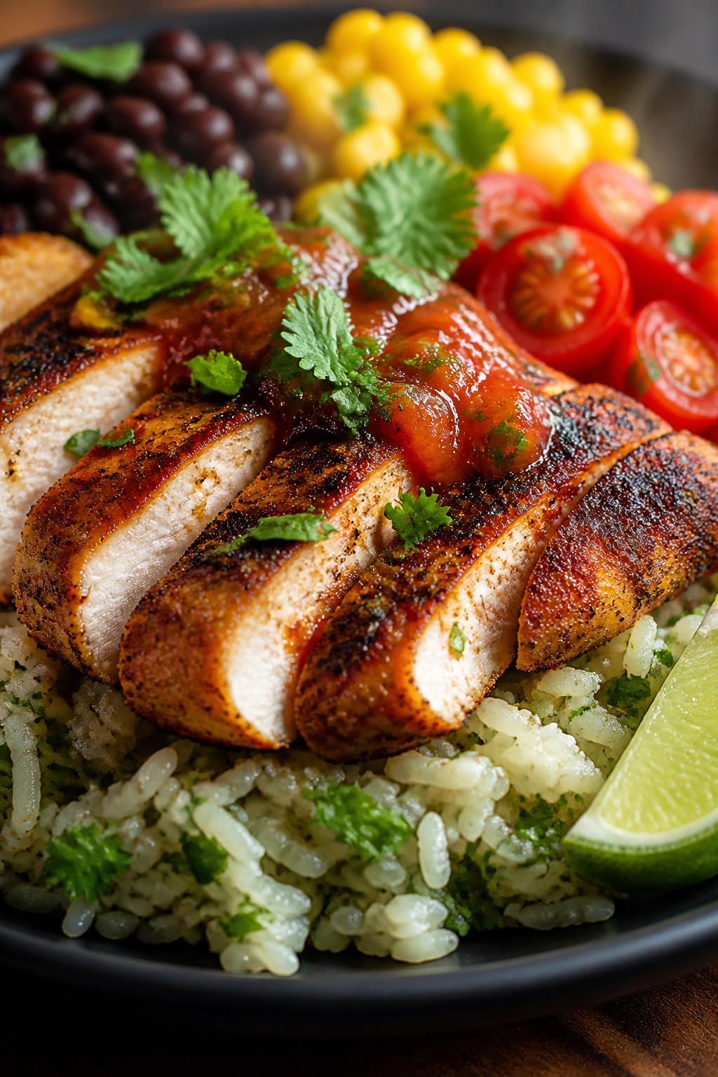 Final dish hero close-up: Tight, shallow-focus detail of the sliced chicken atop cilantro-lime rice,