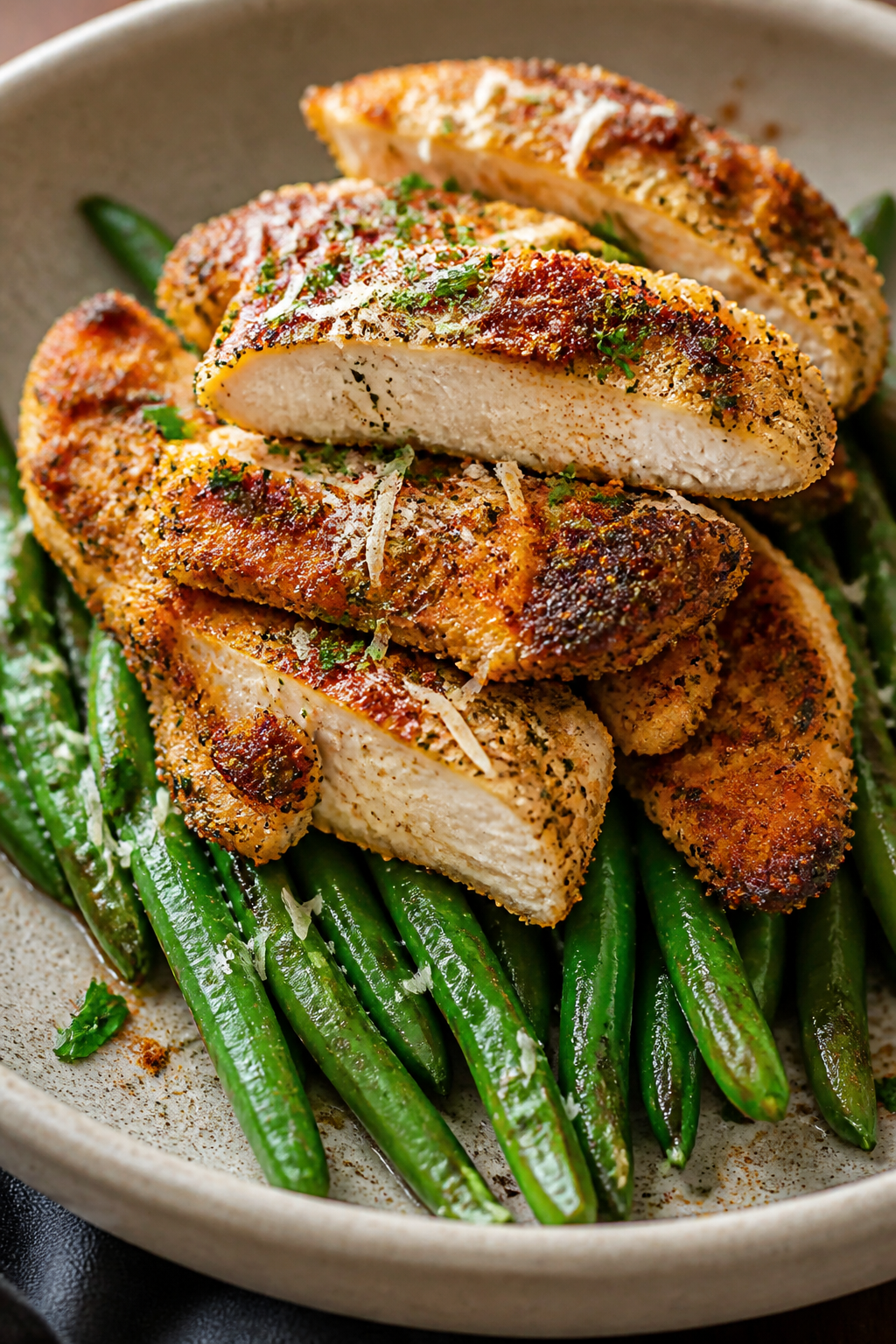 Final dish hero: Restaurant-quality presentation of Ranch-Garlic Parmesan variation—stacked chicke