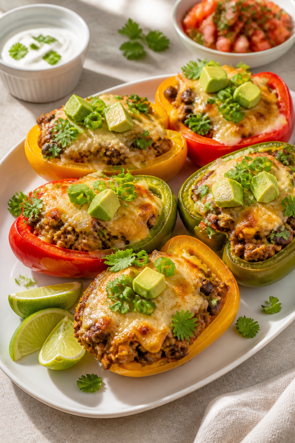 Final dish, plated presentation: High protein taco stuffed peppers fresh from the oven, cheese melte
