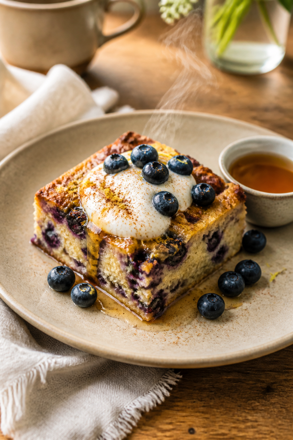 Final dish presentation: A generous square of the Cottage Cheese Blueberry Breakfast Bake plated caf
