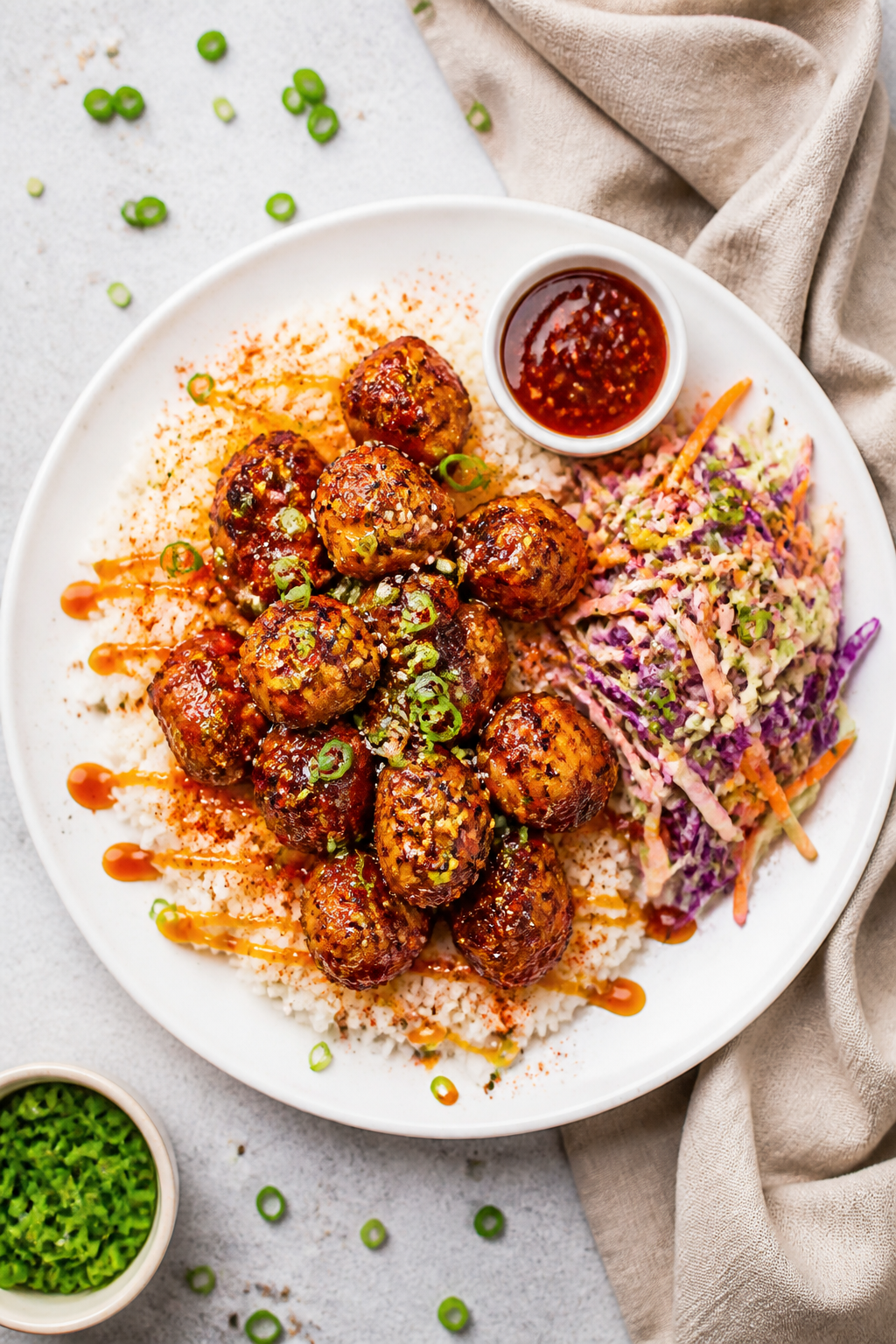 Final dish presentation: Beautifully plated Air Fryer Hot Honey Chicken Bites over coconut rice with