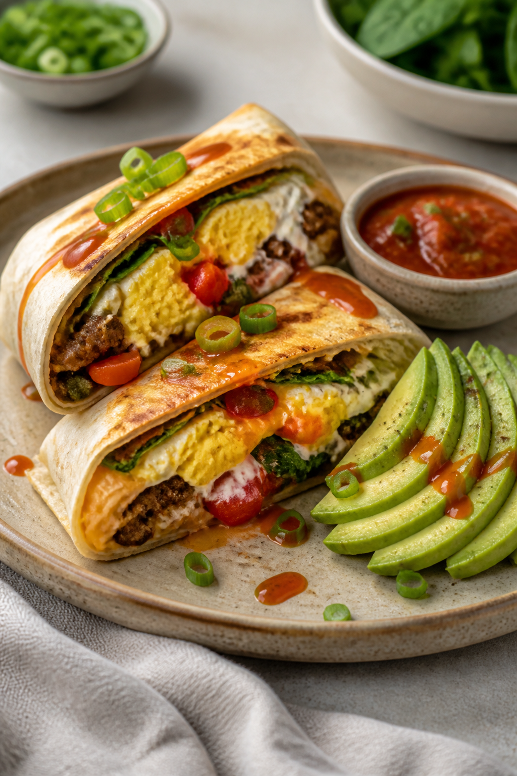 Final dish presentation: Beautifully plated breakfast crunch wrap sliced on the bias to reveal layer