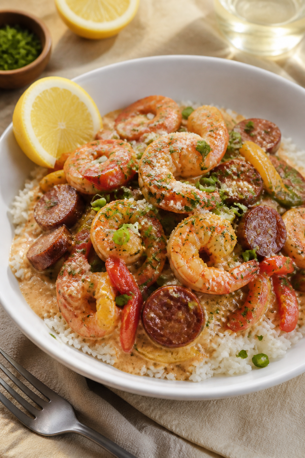Final dish presentation: Beautifully plated Creamy Cajun Shrimp & Sausage Skillet over buttery jasmi
