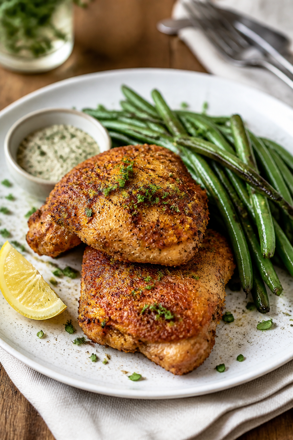 Final dish presentation: Beautifully plated Crispy Ranch Chicken Thighs & Green Beans on a wide whit