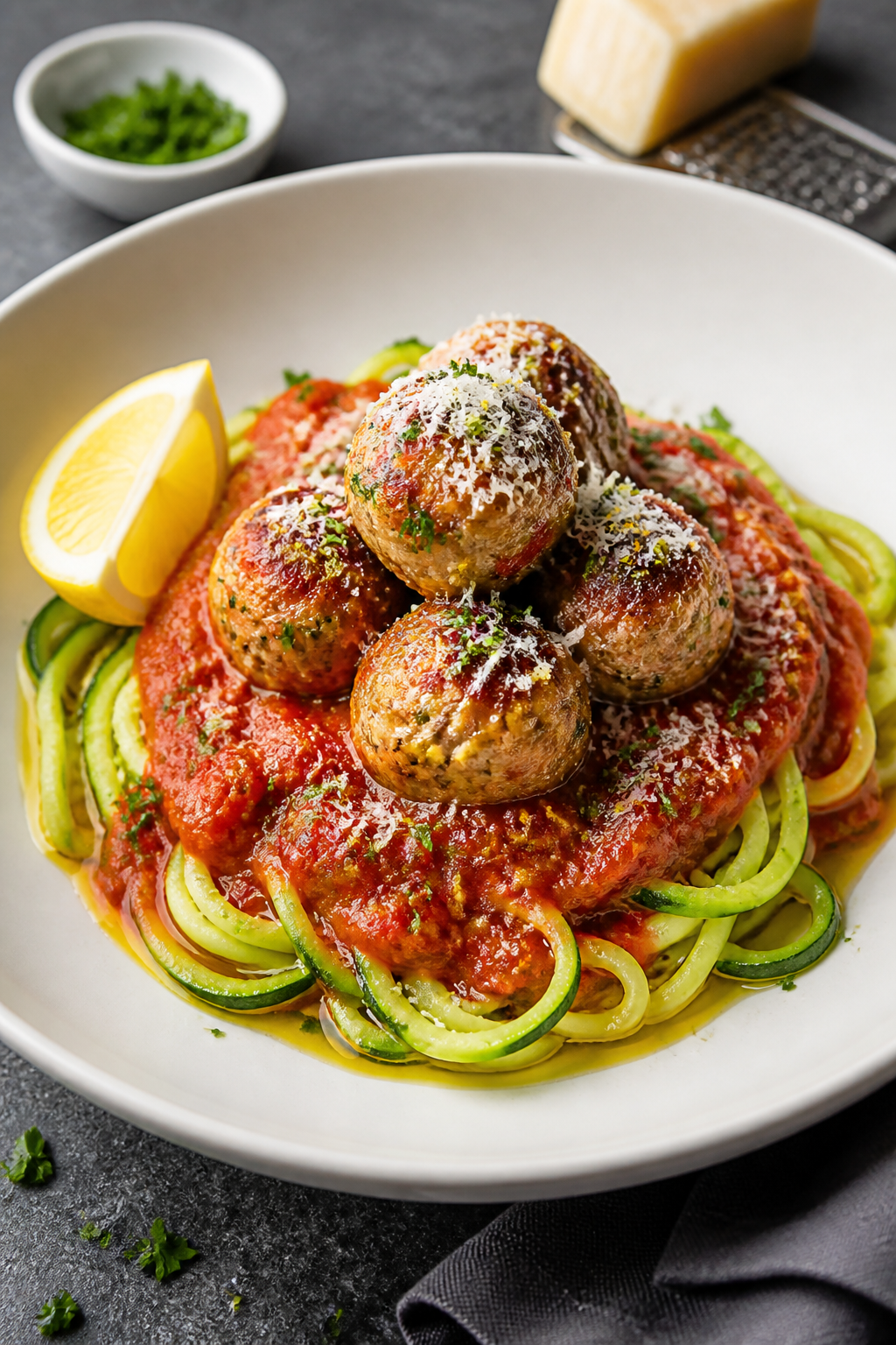 Final dish presentation: Beautifully plated garlic Parmesan turkey meatballs over twirled zucchini n