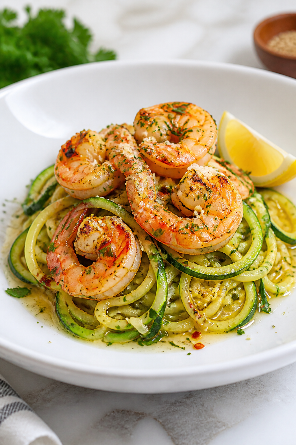 Final dish presentation: Beautifully plated Garlic Butter Shrimp & Zucchini Noodles twirled into a n