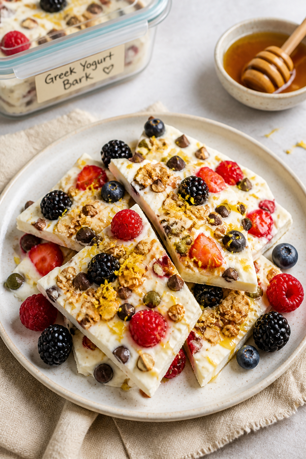 Final dish presentation — Beautifully plated Greek Yogurt Breakfast Bark: of a ceramic plate with
